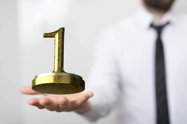Rendering First Place Golden Award Male Hand Holding Blurry Background — Stock Photo, Image