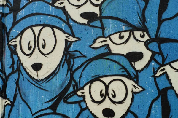 Frankfurt Germany May 2021 Graffito Flock Sheep Blue Uniforms Frankfurt — Stock Photo, Image