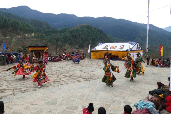 Bumth Ang Bhutan Diciembre 2019 Los Bailarines Tradicionalmente Vestidos Celebran — Foto de Stock