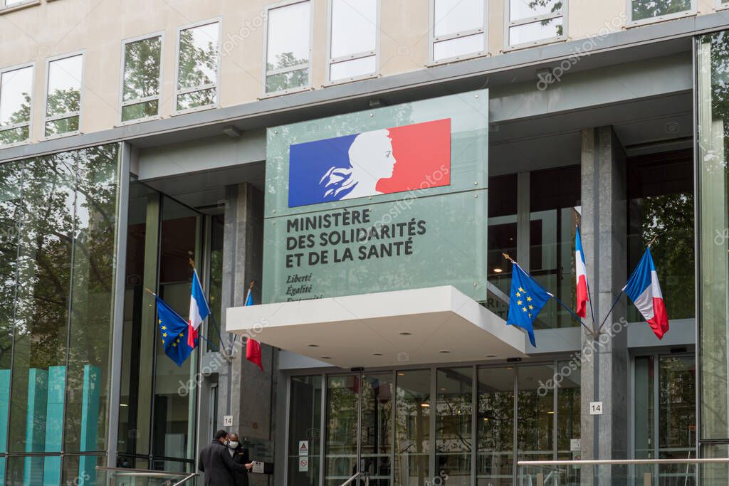 PARIS, FRANCE - Jul 30, 2021: Ministry of health welfare in France: Front view of French official building with logo,