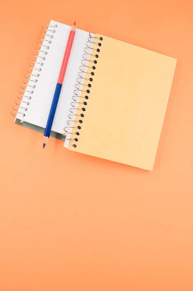Plano Vertical Cuaderno Bolígrafo Sobre Fondo Naranja Concepto Educativo — Foto de Stock