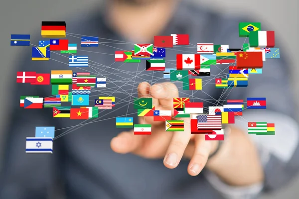 Рендеринг Международных Флагов Глобального Партнера Руке Размытым Мужчиной Заднем Плане — стоковое фото