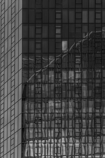 窓に反射する高さの高いガラスの超高層ビルの垂直グレースケールショット — ストック写真