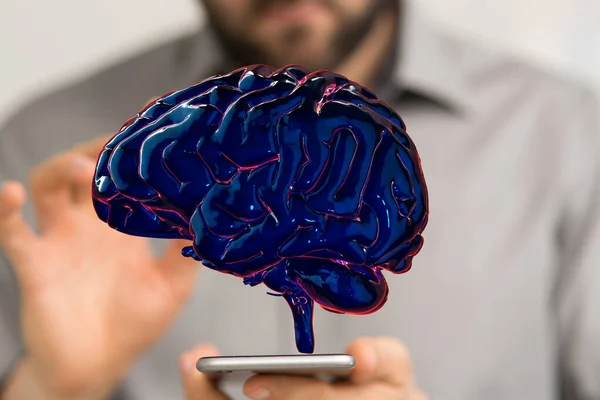 Ztvárnění Modrého Mozku Umělá Inteligence Virtuálním Konceptu Smartphonu — Stock fotografie