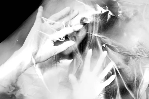 Woman Body Plastic Veil Breaks Real World Inner Senses Soul — Stock Photo, Image