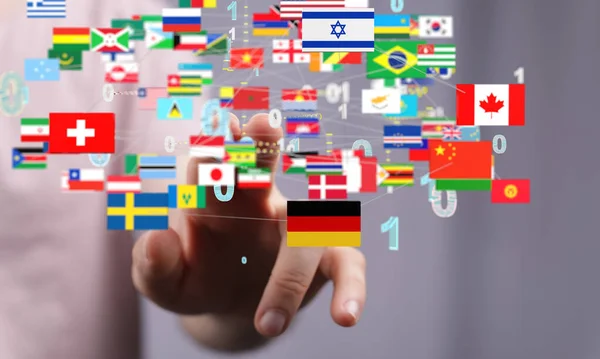 Рендеринг Карты Мира Всеми Государствами Флагами Касающихся Пальцем — стоковое фото