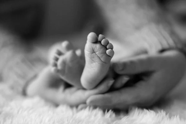 Μια Επιλεκτική Φωτογραφία Των Ποδιών Ενός Μωρού Στα Χέρια Της — Φωτογραφία Αρχείου