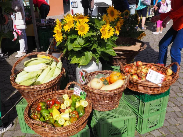 Überlingen Deutschland September 2021 Bodenseeseptember Marktstand Gruppieren Sich Weidenkörbe Mit — Stockfoto