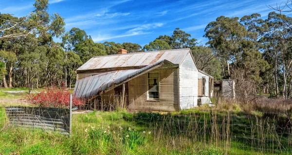 Ancien Chalet Endommagé Entouré Eucalyptus Sous Ciel Nuageux Bleu Adelaide — Photo