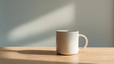 Temiz beyaz bir kupa, ahşap bir yüzeyde, yumuşak, rahatlatıcı gölgeler ve atmosfer yaratan, doğal güneş ışığıyla aydınlatılmış, zarif bir şekilde oturmaktadır..