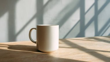 Temiz beyaz bir kupa, ahşap bir yüzeyde, yumuşak, rahatlatıcı gölgeler ve atmosfer yaratan, doğal güneş ışığıyla aydınlatılmış, zarif bir şekilde oturmaktadır..