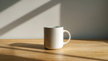 Temiz beyaz bir kupa, ahşap bir yüzeyde, yumuşak, rahatlatıcı gölgeler ve atmosfer yaratan, doğal güneş ışığıyla aydınlatılmış, zarif bir şekilde oturmaktadır..