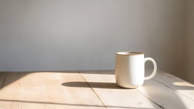 Temiz beyaz bir kupa, ahşap bir yüzeyde, yumuşak, rahatlatıcı gölgeler ve atmosfer yaratan, doğal güneş ışığıyla aydınlatılmış, zarif bir şekilde oturmaktadır..