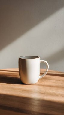 Temiz beyaz bir kupa, ahşap bir yüzeyde, yumuşak, rahatlatıcı gölgeler ve atmosfer yaratan, doğal güneş ışığıyla aydınlatılmış, zarif bir şekilde oturmaktadır..