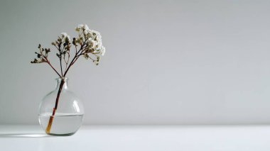 Zarif kurumuş çiçek sapları şeffaf, yuvarlak bir vazoda duruyor. Sakin, minimalist ve sanatsal bir oda atmosferi yaratıyor..