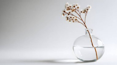 Zarif kurumuş çiçek sapları şeffaf, yuvarlak bir vazoda duruyor. Sakin, minimalist ve sanatsal bir oda atmosferi yaratıyor..
