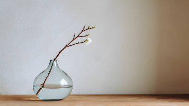 Zarif kurumuş çiçek sapları şeffaf, yuvarlak bir vazoda duruyor. Sakin, minimalist ve sanatsal bir oda atmosferi yaratıyor..