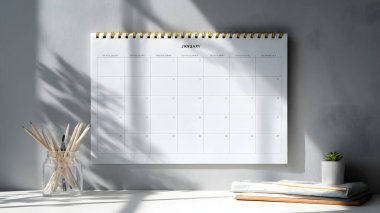 Ocak ayını gösteren temiz, beyaz bir takvim yeşil bir santralin yanında duruyor, barışçıl ve son derece düzenli bir çalışma ortamı yaratıyor..