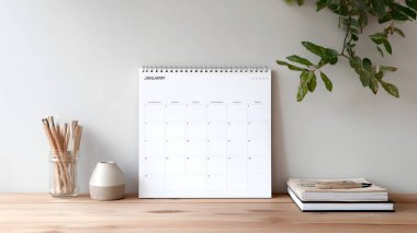 Ocak ayını gösteren temiz, beyaz bir takvim yeşil bir santralin yanında duruyor, barışçıl ve son derece düzenli bir çalışma ortamı yaratıyor..