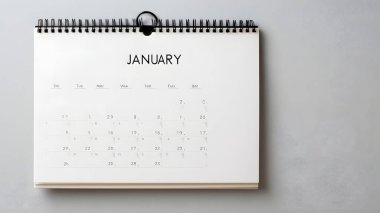 A clean white wall calendar displaying January hangs neatly beside a green plant, creating a peaceful and highly organized workspace atmosphere.
