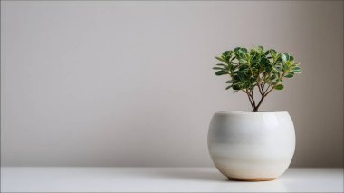 Taze yeşil bir bitki yuvarlak beyaz seramik bir tencerede gelişerek sakin ve estetik bir oda dekorasyonu unsuru yaratır..