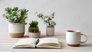Boş bir defter ve taze yeşilliklerle çevrili sade bir kahvenin verimli bir sabah başlangıcı olduğu temiz bir çalışma alanı..