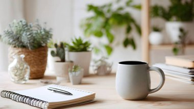 Boş bir defter ve taze yeşilliklerle çevrili sade bir kahvenin verimli bir sabah başlangıcı olduğu temiz bir çalışma alanı..