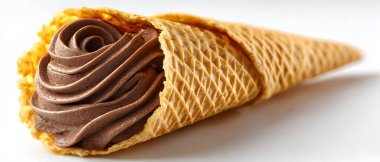 Yüksek açı, aşırı çekim, parlak, pürüzsüz, sütlü çikolata parçasına odaklanma, sanatsal olarak belirgin bir spiral desen içine sokulmuş, altın bir bölümün üzerine yerleştirilmiş, iyi pişmiş, muhtemelen kurabiye ya da gofret sunan,