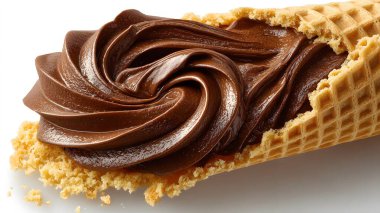 Yüksek açı, aşırı çekim, parlak, pürüzsüz, sütlü çikolata parçasına odaklanma, sanatsal olarak belirgin bir spiral desen içine sokulmuş, altın bir bölümün üzerine yerleştirilmiş, iyi pişmiş, muhtemelen kurabiye ya da gofret sunan,