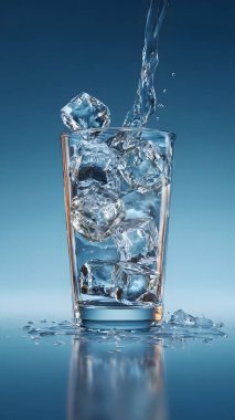 Etrafı ıslak, serin ve yansıtıcı bir yüzeye dağılmış buz küpleriyle çevrili kristal berraklığında buzlu su sıçraması..