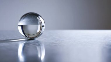 Temiz bir cam top, gri minimalist desenli arka planda güzel bir ışık kırılması ve keskin bir yansıma yaratır..