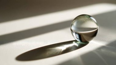 Temiz bir cam top, gri minimalist desenli arka planda güzel bir ışık kırılması ve keskin bir yansıma yaratır..