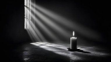 Yalnız beyaz bir mum, koyu bir arka planda parlar, dokulu bir yüzeye uzun ve dramatik bir gölge bırakır..