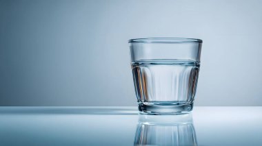 Temiz suyla dolu berrak bir bardak gri dokulu bir duvara yaslanmış, temiz ve minimalist bir estetik yaratıyor..