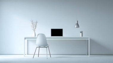 Temiz profesyonel bir masa parlak beyaz bir odada dizüstü bilgisayar içerir. Odaklanmış yaratıcı işler için mükemmel bir atmosfer yaratır..