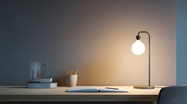 A sleek desk and chair are spotlighted by a single lamp, creating a focused and calm atmosphere for late-night work.