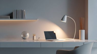 A sleek desk and chair are spotlighted by a single lamp, creating a focused and calm atmosphere for late-night work.