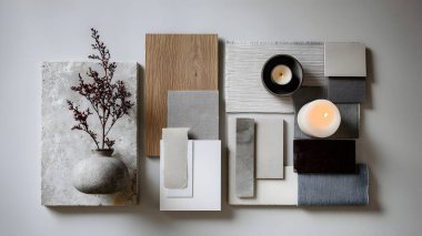 Gelişmiş nötr renk paletinde seramik vazolar, ahşap tahtalar ve taş dokulardan oluşan yaratıcı bir resim koleksiyonu..