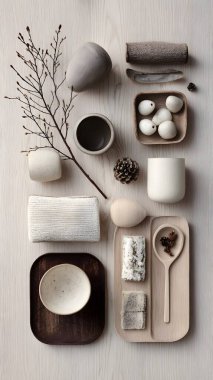 Açık renkli ahşap bir yüzey üzerinde güzelce dizilmiş, sürüklenen odun, taş ve minimalist mumlar içeren doğal dokulardan oluşan bir derleme..