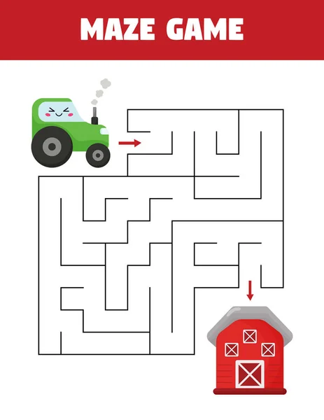 Ayuda al tractor a encontrar el camino correcto al granero. Juego de laberinto educativo para niños. Lindo personaje de dibujos animados kawaii. — Archivo Imágenes Vectoriales