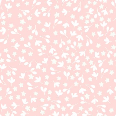 Pembe arka planda yaprakları ve beyaz çiçekleri olan basit, pürüzsüz bir desen. Tekstil, kumaş, ambalaj ve duvar kağıtları için ideal.