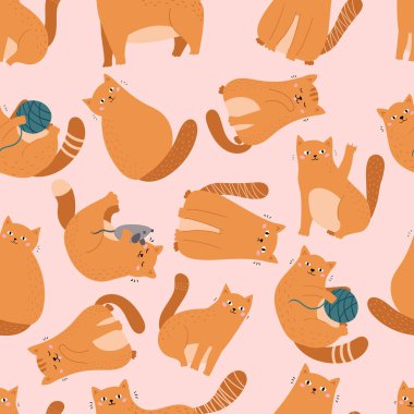 Farklı komik kedi ve oyuncaklarla kusursuz bir düzen. Pembe arka planda kızıl kedi yavruları.