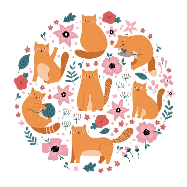 Αστείες κόκκινες γάτες με λουλούδια σε σχήμα κύκλου. Ιδανικό για εκτύπωση, αυτοκόλλητο ή σχέδιο υφάσματος. Γατάκια ζωγραφισμένα στο χέρι. — Διανυσματικό Αρχείο