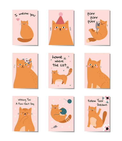 Sada pohlednic s legračními kočkami. Ručně kreslená sbírka na narozeniny, svátky a pozvánky. Roztomilá koťátka. Vektorová ilustrace. — Stockový vektor