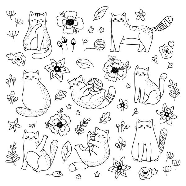 Karalama yapan kedi ve çiçeklerin vektör seti. Siyah beyaz çizim. Boyama sayfası. Çizgi komik kedicikler. — Stok Vektör