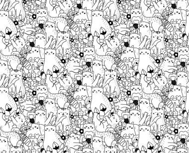 Komik karalama kedileri ve çiçekleri olan kusursuz bir şekil. Elle çizilmiş sevimli hayvanlar. Boyama sayfası. Özet çizimi.