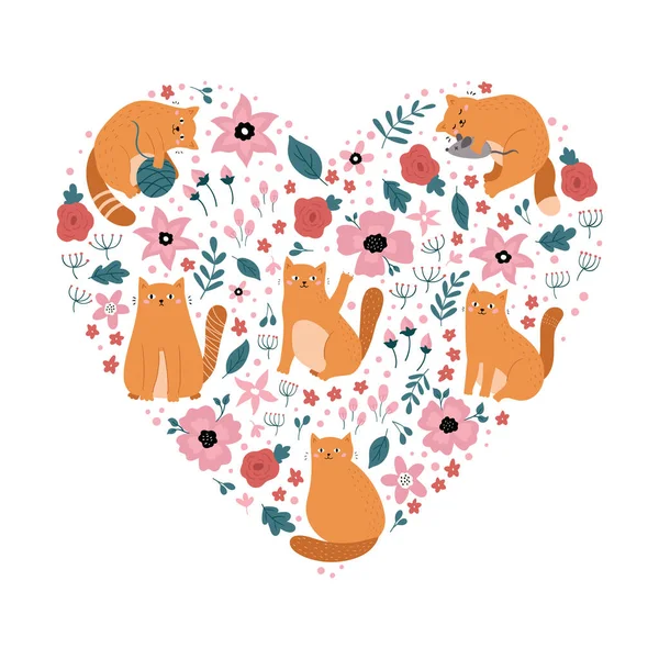 Κινούμενα σχέδια αστείες γάτες σε σχήμα καρδιάς. Γατάκια με λουλούδια. Φλοράλ γατούλα. Ιδανικό για εκτύπωση, αυτοκόλλητο ή σχέδιο υφάσματος. Εικονογράφηση διανύσματος. — Διανυσματικό Αρχείο