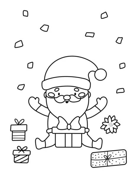 Weihnachten Malseite für Kinder. Happy Cartoon Weihnachtsmann mit Geschenkbox. Nettes kawaii Vektor-Zeichen. Abbildung in Umrissen. — Stockvektor