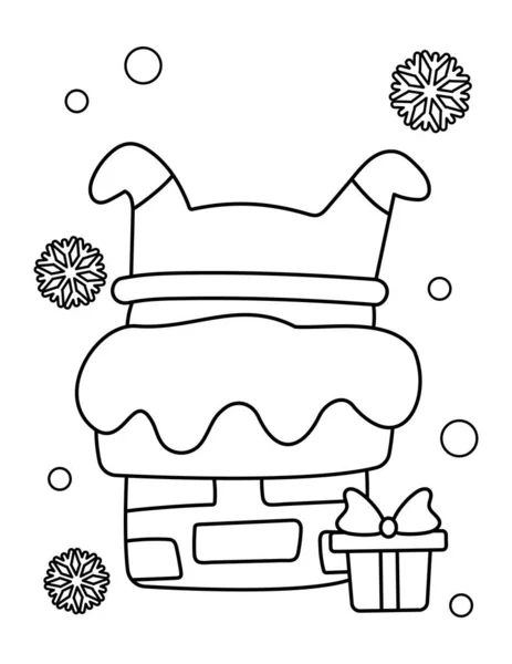 Página para colorear de Navidad para niños. El gracioso Papá Noel se quedó atascado en la chimenea. Esquema ilustración invierno. — Vector de stock