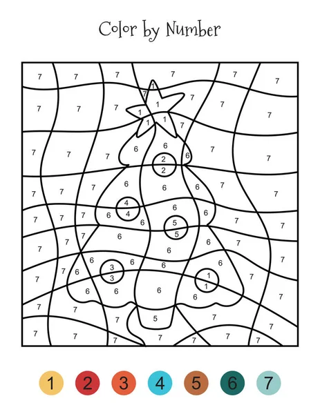 Coloring page by numbers. Cute cartoon Christmas tree. Learn numbers for preschool kids. Winter activity worksheet. — Stock Vector